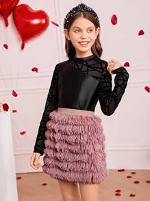 SHEIN 女童針織皮革拼接紗網T恤，親膚柔軟 - 黑色 - 查看 3