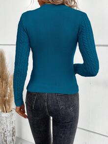 EURMUSE 女士纜繩針織立領毛衣 - 青碧色 - 查看 3