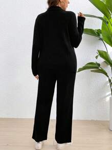 SHEIN Franclia Kích thước lớn Cổ chữ V Tay áo dài Áo len Và Dệt kim Quần Bộ - màu đen - Xem 2