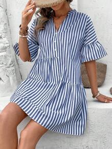 SHEIN VCAY Women's Summer Patchwork Vertical Stripe Dress - Blue - View 4