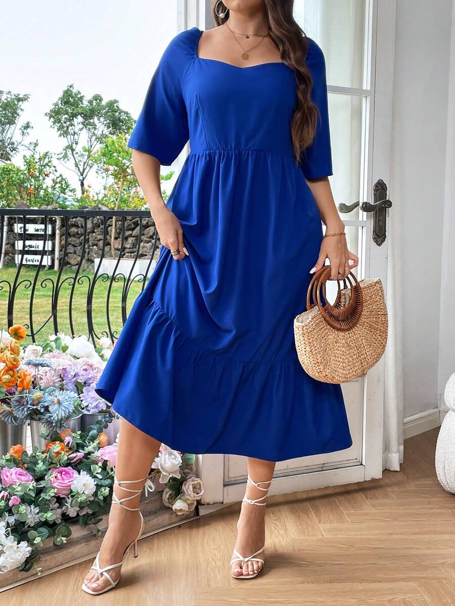 SHEIN Franclia Plus Size Sweetheart Neckline Dress With Ruffle Hem, No Waist Chain Included - Blue - View 1