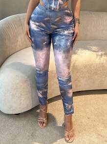SHEIN SXY Quần legging nhuộm tie-dye cho nữ, thích hợp cho mùa xuân hè, tiệc độc thân, kỳ nghỉ xuân, sinh nhật, ngày Valentine, gợi cảm, chất liệu kim loại. - Màu xanh lam - Xem 2