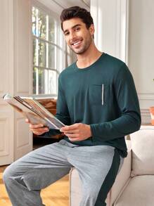 Provexi Provexi Men's Color Block Top & Pants Lounge Wear Set - Olive Green - View 5