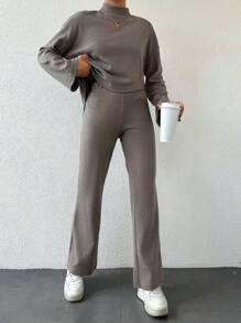 EURMUSE Long Sleeve Asymmetrical Hem Top And Pants Set - Brown - View 6