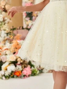 SHEIN Belle 女士露肩亮片網紗a字晚禮服 - 白色 - 查看 8