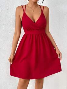 Chiquease 女士紮帶綁領無袖洋裝 - 紅色 - 查看 2