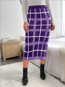 Chiquease Plaid Patterned Side Slit Sweater Skirt - Purple - View 5