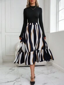 SHEIN LUNE Bộ đồ hai mảnh áo cổ đứng trơn và chân váy in họa tiết ngẫu nhiên dành cho nữ - Màu xanh hải quân - Xem 1