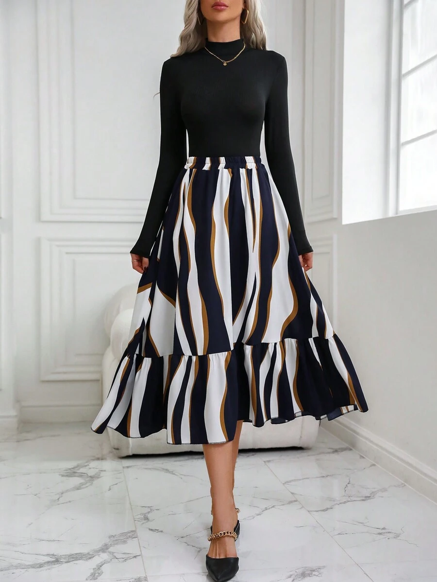 SHEIN LUNE Bộ đồ hai mảnh áo cổ đứng trơn và chân váy in họa tiết ngẫu nhiên dành cho nữ - Màu xanh hải quân - Xem 1