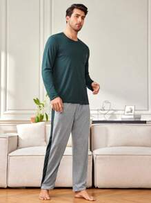 Provexi Provexi Men's Color Block Top & Pants Lounge Wear Set - Olive Green - View 6