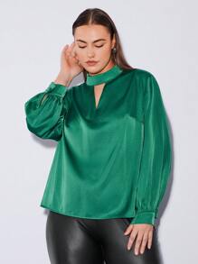 BizChic Women's Plus-size Solid Color Turn-down Collar Casual Shirt With Keyhole Neckline - Green - View 5