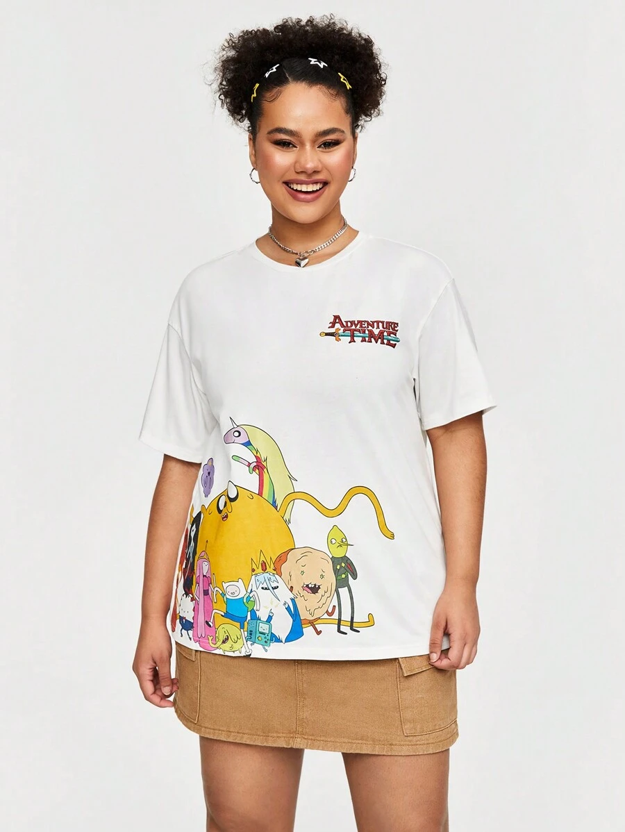 ADVENTURE TIME X SHEIN Camiseta De Talla Grande Con Impresión De Letra De Dibujos Animados - Blanco - Ver 1