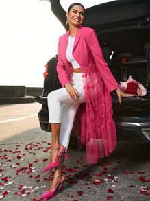 SHEIN Clasi Women's Long Sleeve Jacket With Mesh Contrast Hem - Hot Pink - View 7