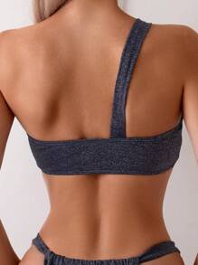 SHEIN Swim Summer Beach Ladies' Sparkly Bikini Set - Navy Blue - View 4