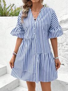 SHEIN VCAY Women's Summer Patchwork Vertical Stripe Dress - Blue - View 3