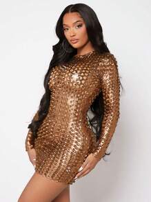SHEIN SXY Ladies' Metallic Mini Bodycon Dress - Coffee - View 6