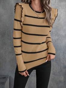Zolique Suéter de punto acanalado con volantes y estampado de rayas para otoño e invierno - Caqui - View 3