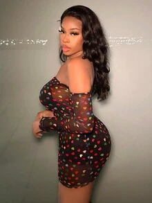 Slaydiva Off-The-Shoulder Mesh Dress With Heart Print - Multicolor - View 4