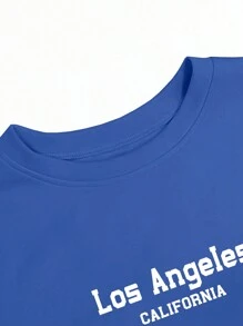 SHEIN EZwear 女士字母印花超大長袖運動衫和運動褲套裝 - 藍色 - 查看 3