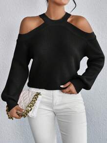 SHEIN Essnce 純色露肩燈籠袖針織衫,背部空心裝飾 - 黑色 - 查看 6