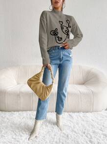 RueChic Figure Pattern Mock Neck Drop Shoulder Sweater - Camel - View 5