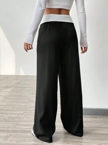 SHEIN EZwear 撞色收腰长裤 - 黑色 - 查看 2
