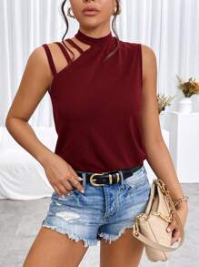 SHEIN Privé 不对称肩部立领背心 - 酒紅色 - 查看 4