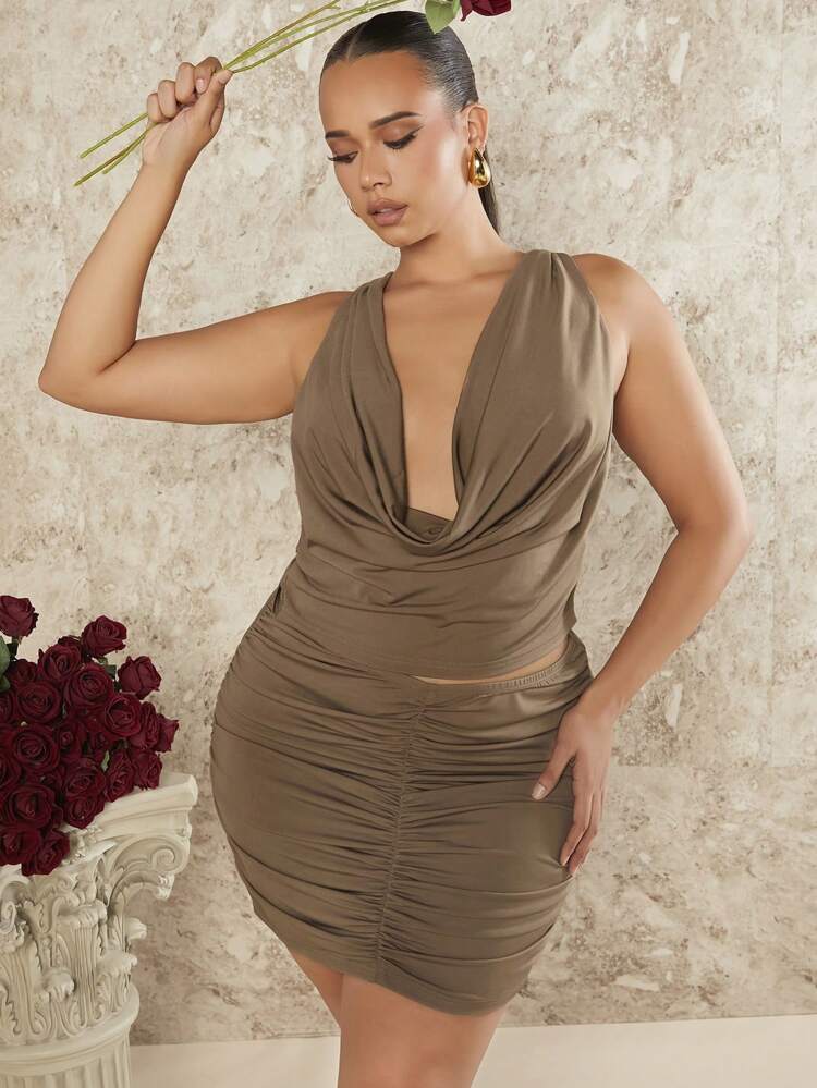 Plus Size Women Casual Knit Draped Neck Backless Tie Camisole & Pleated Skirt 2 Pieces Set