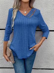 EMERY ROSE Camiseta Ahuecada Con Cuello Asimétrico De Punto Acanalado De Color Liso - Azul - Ver 6