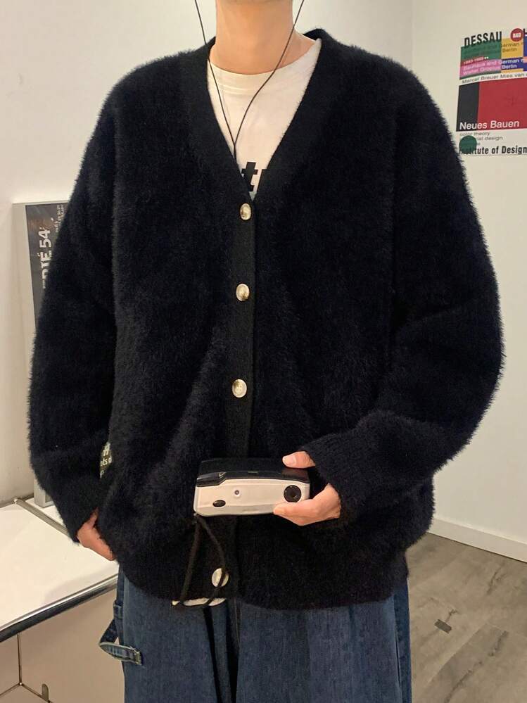 メンズ ルーズフィット ファッショナブル ミニマリストカーディガンセーター - ブラック - 見る 7