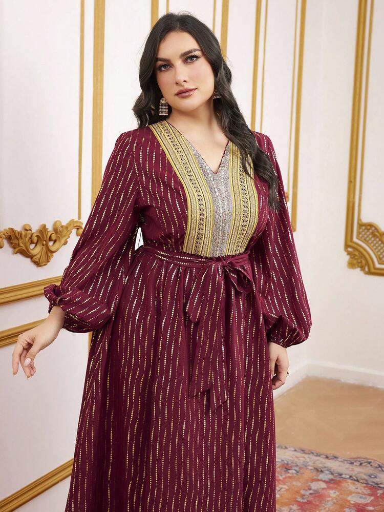 Burgundy Red Women'S Plus Size Bronzing Striped Belted Dress