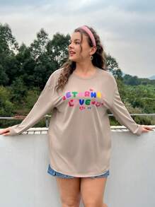 SHEIN EZwear Plus Size Letter Print Drop Shoulder T-Shirt/Valentine's Day - Khaki - View 3