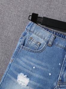SHEIN Quần short denim ống đứng rách tua rua màu xanh nhạt cho bé trai tuổi teen, mùa hè. - Rửa nhẹ - Xem 4