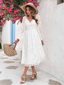 SHEIN VCAY Ladies' Solid Color White  Dress With Sweetheart Collar - White - View 3