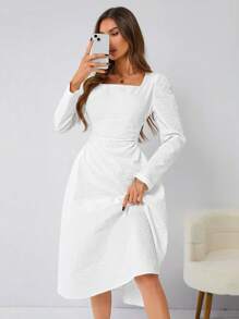 GENKIRA Của phụ nữ Cổ vuông Ống tay áo Dệt hoa Đầm - trắng - Xem 5