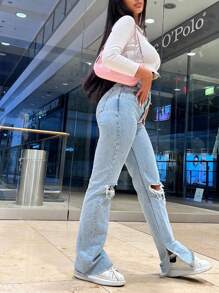 Ripped Straight Leg Jeans - Medium Wash - View 3