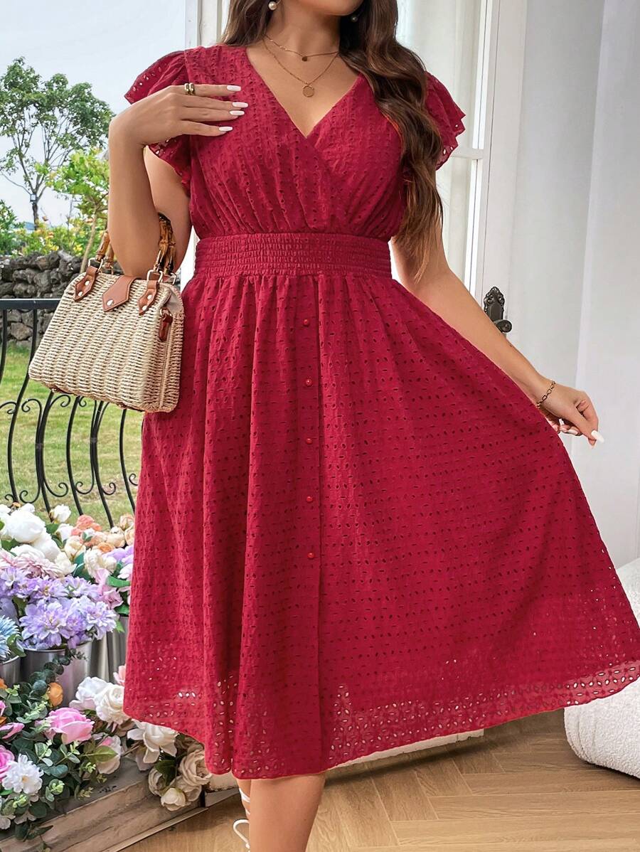 SHEIN Franclia Kích thước lớn Thêu Đầm Với Bọc Đường viền cổ áo , Ruffle Và Lỗ nhỏ Chi tiết - Đỏ - Xem 1