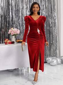 SHEIN Lady V 領高開叉天鵝絨連身裙 - 紅色 - 查看 1