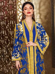Layrah Women's Clothing Kaftan Set Of Gold Foil Floral Print Jacket And Long Sleeve Dress 2 Piece Set - Blue - View 4
