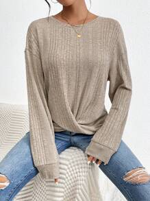 SHEIN Essnce 女裝十字交叉搭配下擺下垂t恤 - 杏色 - 查看 1