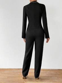 SHEIN Privé Women'S Suit With Rhinestone Decoration - Black - View 2