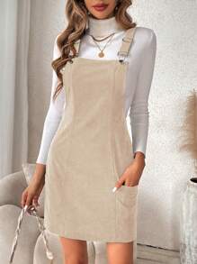 SHEIN Frenchy 雙前袋斜紋平紋連身裙 - 杏色 - 查看 4