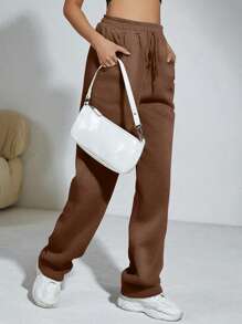 SHEIN Unity 女用抽繩腰抓絨慢跑褲 - 棕色 - 查看 3