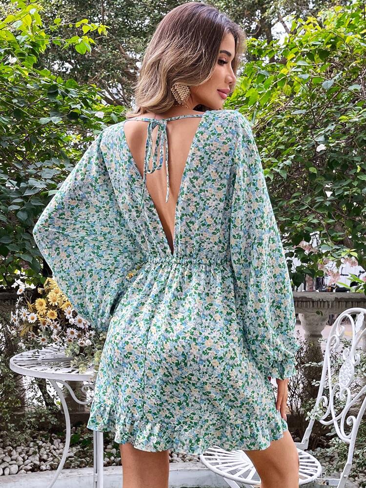 Floral Print Ruffle Hem Batwing Sleeve Mini Dress