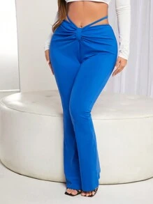 SHEIN SXY Women'S V Waist Tie Ruched Flared Pants In Royal Blue - Blue - View 3