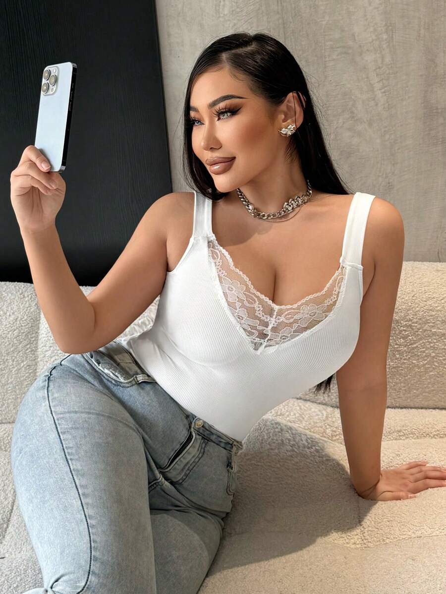 SHEIN SXY 蕾絲拼接吊帶上衣 - 白色 - 查看 1