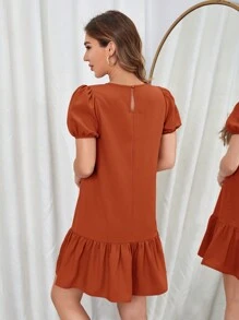 SHEIN VCAY 荷葉邊下擺泡泡袖連身裙 - 鏽棕色 - 查看 2