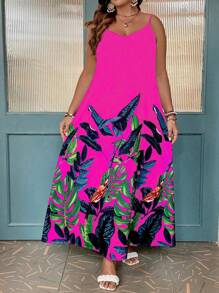 SHEIN CURVE+ 加大码树叶印花吊带连衣裙 长款女装 - 玫紅色 - 查看 5