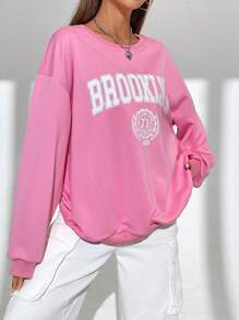 SHEIN Unity 字母圖案下垂肩運動衫 - 粉色 - 查看 3