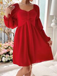 SHEIN Privé 女士素色蓮藕袖玉頸裙 - 紅色 - 查看 3